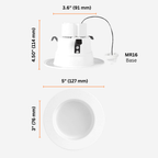 Measurement chart of a white light fixture with dimensions labeled.