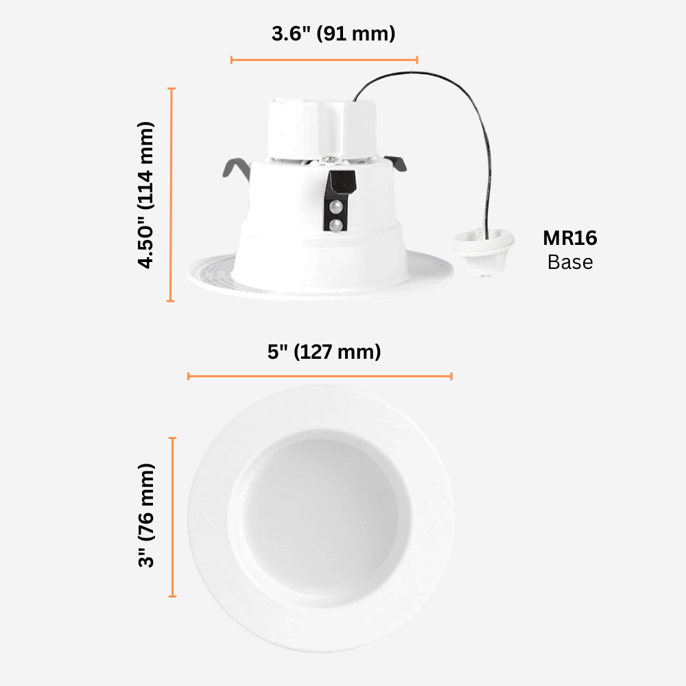 Measurement chart of a white light fixture with dimensions labeled.