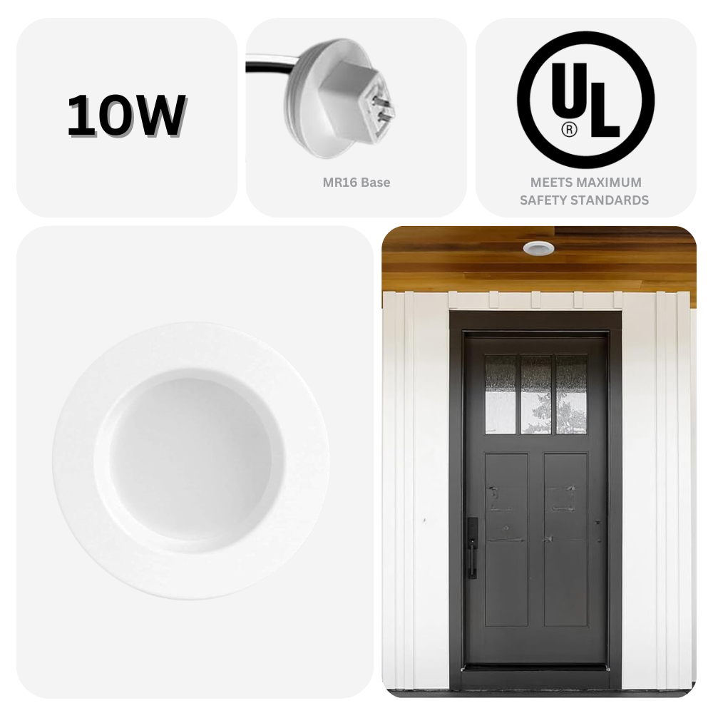 Light fixture with 10W rating, UL logo, and a door illustration.