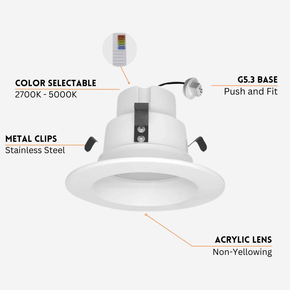 LED downlight with features highlighted on a white background