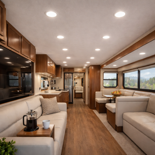 Modern RV interior with living room, kitchen, and dining area.