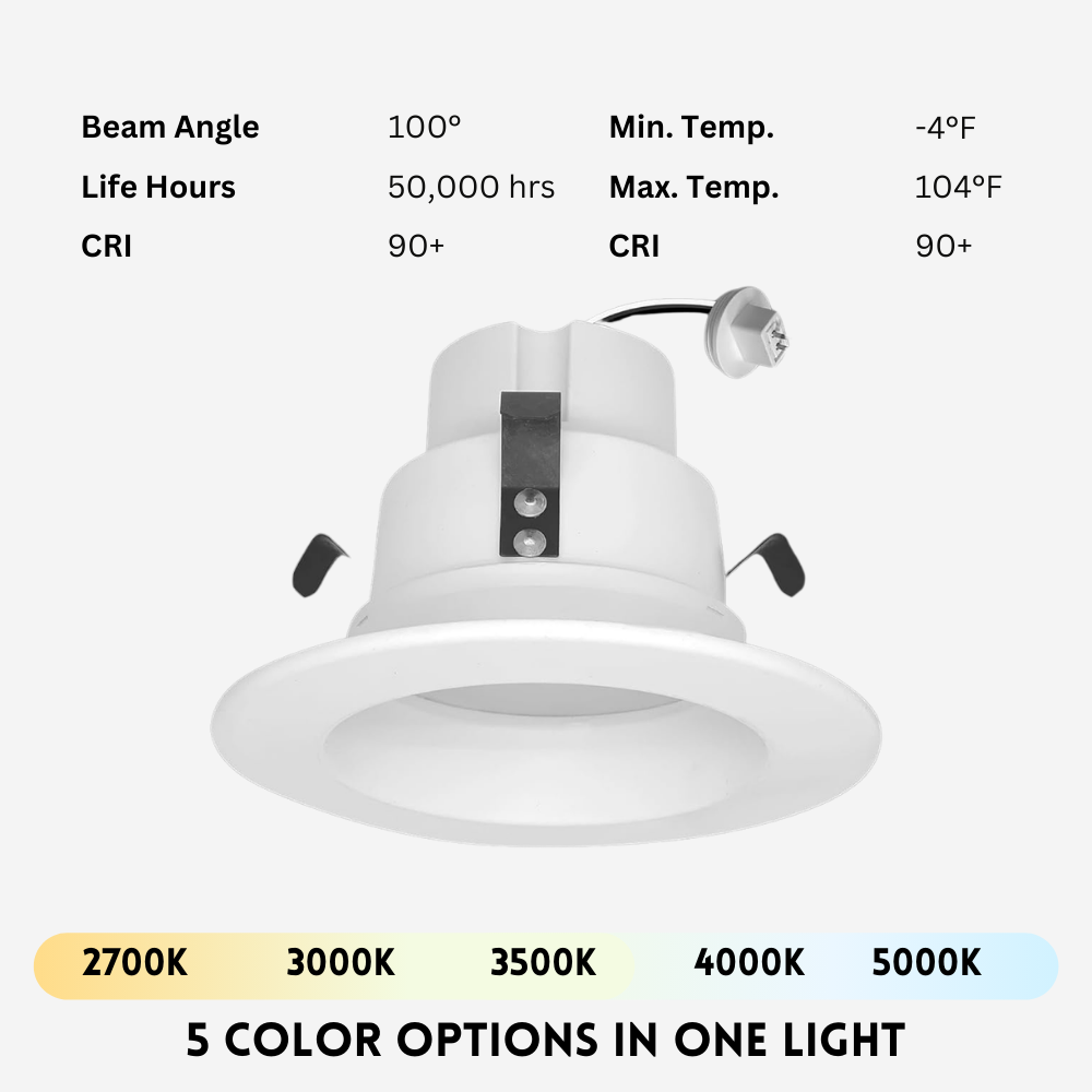 LED downlight with specifications on a white background