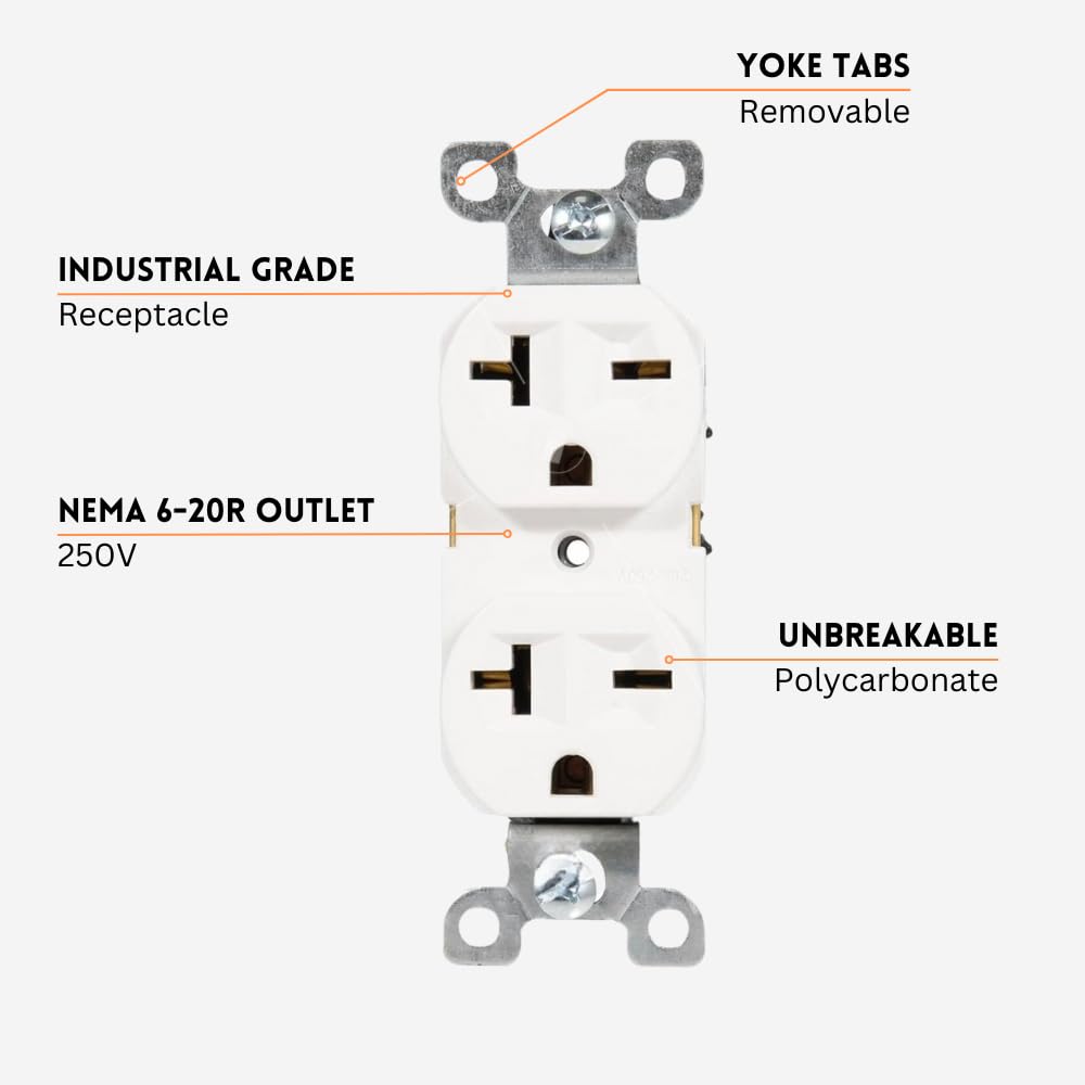 250V NEMA 6-20R Wall Duplex Outlet, 20 Amp, Industrial Grade Receptacle