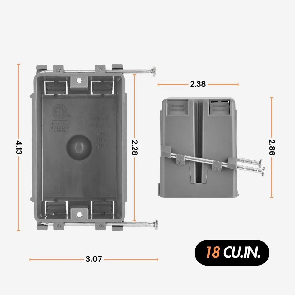 1-Gang 18 Cubic Inch New Work Electrical Outlet GFCI Dimmer Device Box, 100 Pack