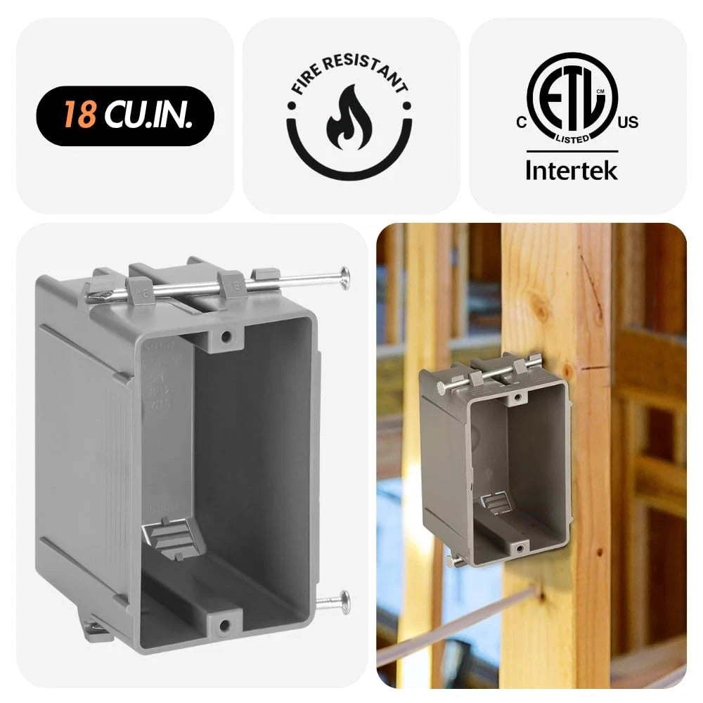 1-Gang 18 Cubic Inch New Work Electrical Outlet GFCI Dimmer Device Box, 100 Pack